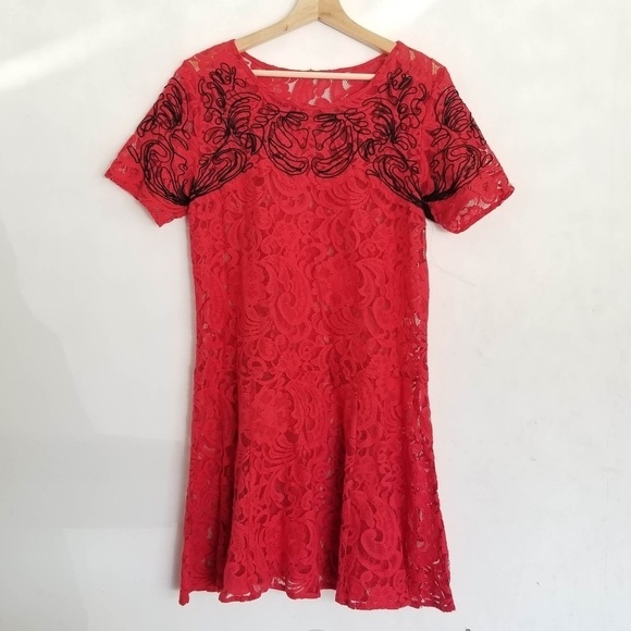 Free People Lace Dreamer Short Sleeve Shift Dress in Cherry Red Size Medium - Picture 3 of 8